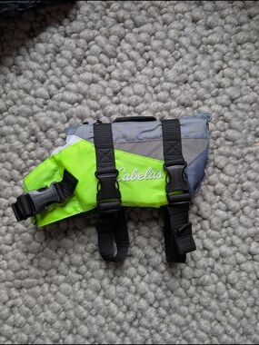 Cabela's Lime Green and Gray Dog Life Vest with Black Straps